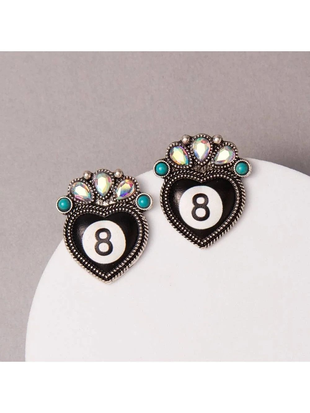 Western Turquoise Crystal Embellished 8 Ball Heart Earrings